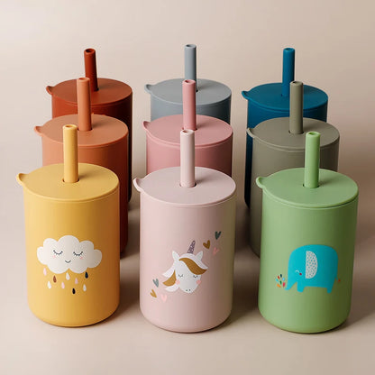 Baby Silicone Straw Cup - BPA-Free Toddler Drinking Bottle with Cartoon Design